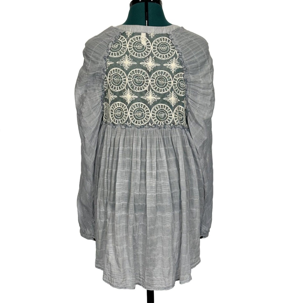 Free People Button Down Tunic Womens XS Blue White Pinstripe Lace Back Oversized